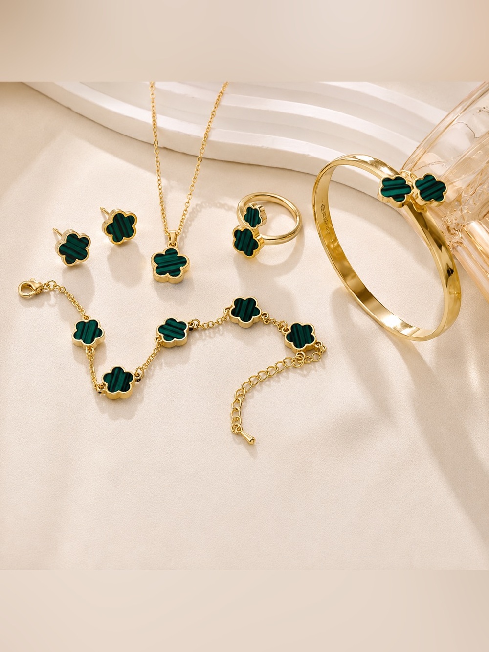 Green Clover Inspired Jewelry Set Necklace Bracelet Ring Earrings Gold Tone